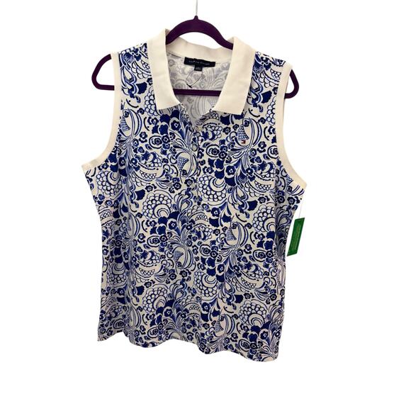 Tommy Hilfiger Sleeveless Top NEW Blue & White Collared XL Golf Tennis Preppy - Picture 1 of 9